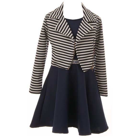 Toddler Girls Dress Set 2 Pieces Jacket Stripes Summer Flower Girl Dress Navy - Picture 1 of 5